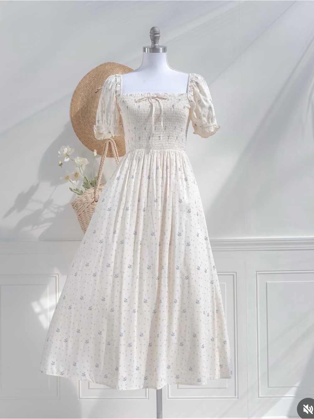 Storia Cream Midi Dress with Blue Floral Print